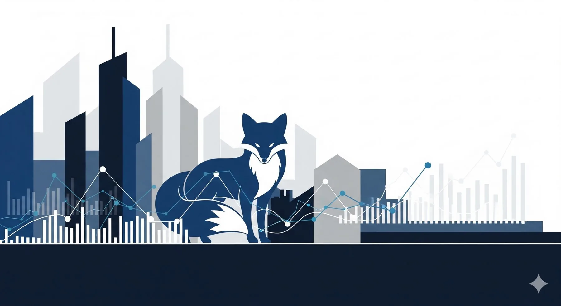 Blue fox in front of a city skyline with market charts